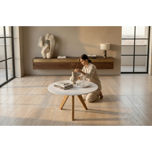 STOLIK KAWOWY z Drewna Litego Dębowego Blat Biały Płyta MDF  STK-935